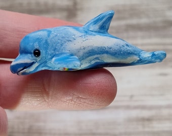 Miniature marbled clouds dolphin handmade polymer clay figurine