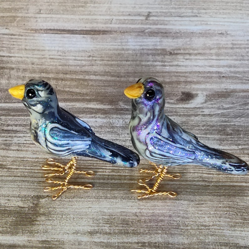 Standing pair of swirled glow in the dark birds polymer clay miniature hand sculpted figurines image 7