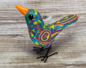 Psychedelic color swirl wren bird hand sculpted polymer clay figurine