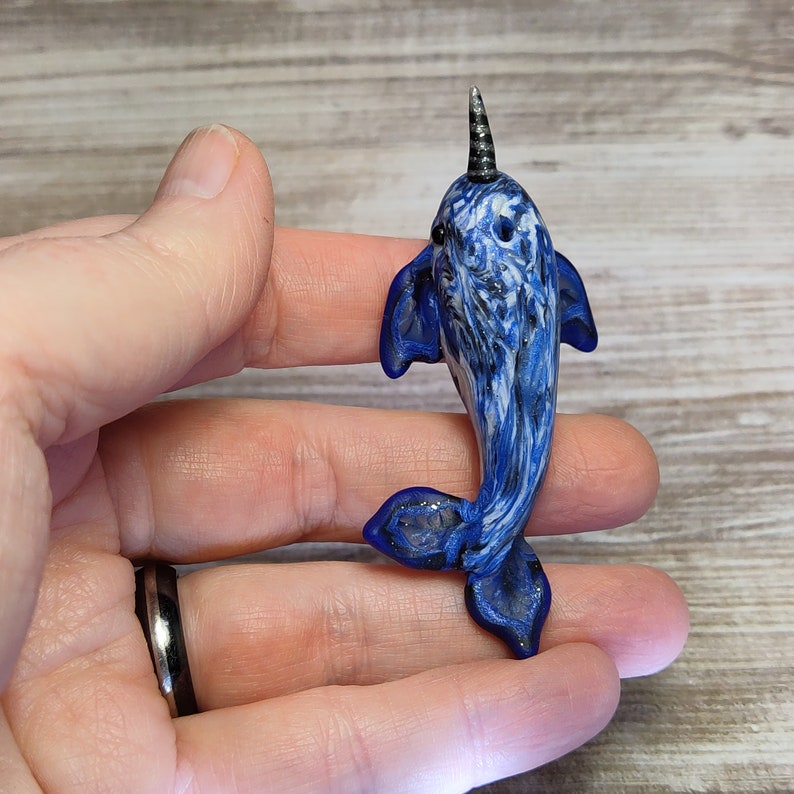 Miniature narwhal in black white & blue handmade polymer clay figurine image 4