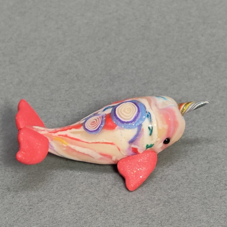 Miniature narwhal in candy colored swirls handmade polymer clay figurine image 2