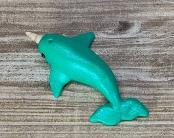 Miniature sea green shimmering narwhal handmade polymer clay figurine