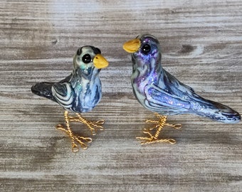 Standing pair of swirled glow in the dark birds polymer clay miniature hand sculpted figurines