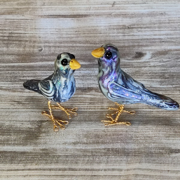 Standing pair of swirled glow in the dark birds polymer clay miniature hand sculpted figurines