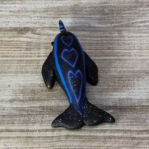 Miniature deep blue & black narwhal with hearts handmade polymer clay figurine image 2
