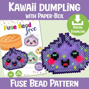 May include: A digital download fuse bead pattern featuring a purple dumpling character with a smiling face, pink cheeks, and black eyes. The pattern sheet displays the dumpling, a bamboo steamer, and text including "Kawaii Dumpling" and "Fuse Bead Love."