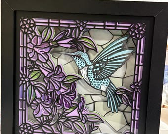Beautiful Hummingbird Shadow and Flower Box Art: 3D Layered Custom Cut Cardstock. Framed. 8x8