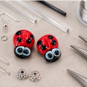 May include: Two red and black ladybug-shaped glass beads with large blue and black eyes, accompanied by silver-toned jewelry findings including earring hooks, jump rings, head pins, flower-shaped bead caps, a spool of wire, and metal pliers.