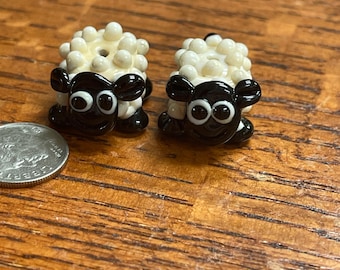 Handmade Lampwork Glass Bead Pair, Sheep Beads Artisan Glass, Jewelry Making Supplies