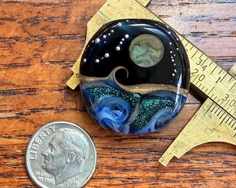 Handmade Lampwork Glass Bead – Ocean Night Design with Silver Stars, Full & Crescent Moon