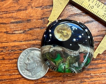 Handmade Lampwork Glass Bead – Ocean Night Design with Silver Stars, Full & Crescent Moon