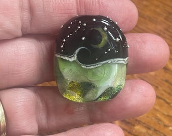Handmade Lampwork Glass Bead – Ocean Night Design with Silver Stars, Full & Crescent Moon