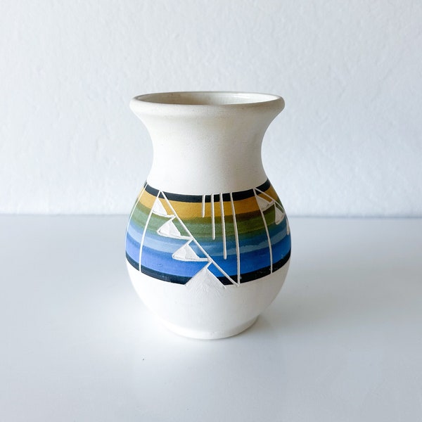 Blue, Green and Yellow Navajo Vase | Etched Native American Pottery | Gradient Designed Flower Vase