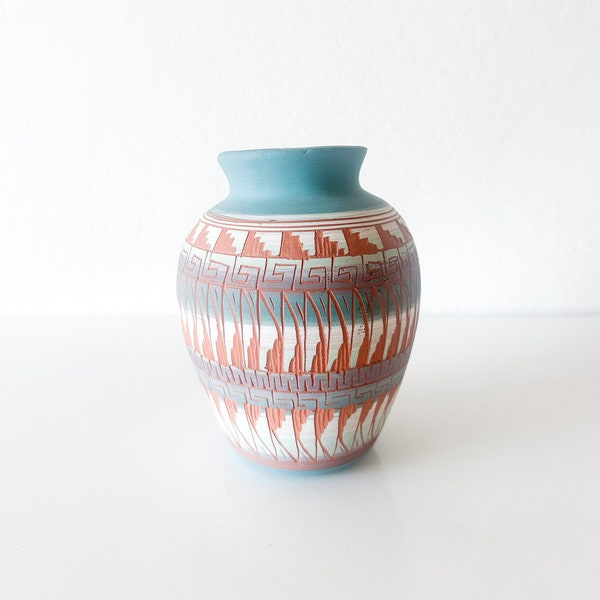 Blue and White Navajo Vase | Etched Native American Pottery | Handmade Ceramics