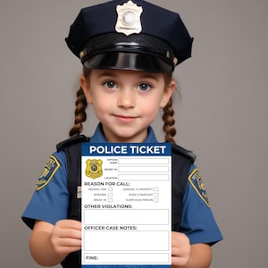 Puede incluir: Un ni&ntilde;o vestido de polic&iacute;a sostiene un ticket de polic&iacute;a imprimible. El ticket tiene campos para el nombre del oficial, emitido a, ubicaci&oacute;n, motivo de la llamada, otras infracciones, notas del caso del oficial y multa.