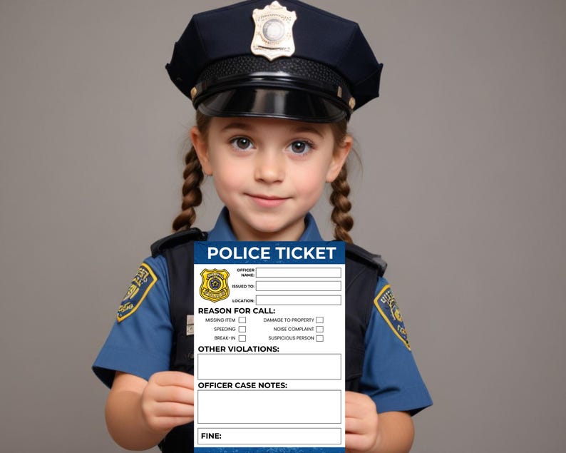 Puede incluir: Un ni&ntilde;o vestido de polic&iacute;a sostiene un ticket de polic&iacute;a imprimible. El ticket tiene campos para el nombre del oficial, emitido a, ubicaci&oacute;n, motivo de la llamada, otras infracciones, notas del caso del oficial y multa.
