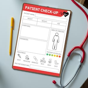 Puede incluir: Un formulario blanco de chequeo m&eacute;dico con un coraz&oacute;n rojo y un estetoscopio rojo. El formulario tiene secciones para el nombre del paciente, la altura, el peso, la edad, los s&iacute;ntomas, el diagn&oacute;stico, el tratamiento y el &aacute;rea de preocupaci&oacute;n. El formulario tambi&eacute;n incluye una secci&oacute;n para que el paciente califique su sentimiento con una serie de emojis.