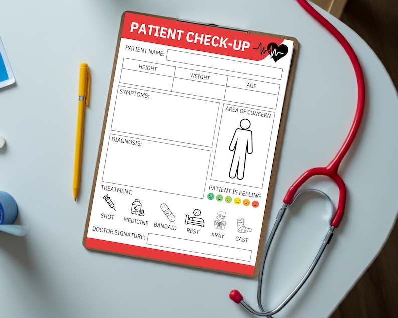 Puede incluir: Un formulario blanco de chequeo m&eacute;dico con un coraz&oacute;n rojo y un estetoscopio rojo. El formulario tiene secciones para el nombre del paciente, la altura, el peso, la edad, los s&iacute;ntomas, el diagn&oacute;stico, el tratamiento y el &aacute;rea de preocupaci&oacute;n. El formulario tambi&eacute;n incluye una secci&oacute;n para que el paciente califique su sentimiento con una serie de emojis.