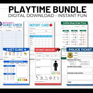 Playtime Toys Digital Download Bundle, Imaginations-Rollenspiel-Set, Pretend Play Sheets für Kinder, Dramatisches Spiel zum Ausdrucken, Tierarzt, Doktor, Kaffee