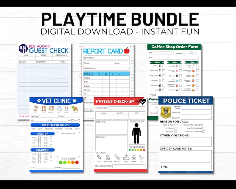 Puede incluir: Un conjunto de formularios imprimibles para el tiempo de juego para ni&ntilde;os. Los formularios incluyen un cheque de hu&eacute;sped de restaurante, una tarjeta de informe, un formulario de pedido de caf&eacute;, un cheque de visita al veterinario, un chequeo de paciente y una boleta de polic&iacute;a.