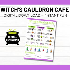 May include: A printable Halloween-themed menu for a "Witch's Cauldron Cafe". The menu features a variety of spooky drinks, desserts, and entrees, with checkboxes for customers to select their choices.  The menu also includes a section for "Circle Add-On Potion Choices" with icons for different potion effects.