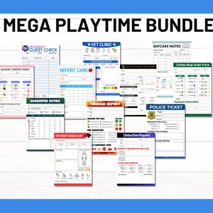 Pretend Play Sheets Mega Bundle, Pretend Play Print, Spielzeug zum ausdrucken, dramatisches Spiel, Tierarzt, Kaffee, Feuerwehrmann, Bäckerei, Polizei, Detektiv, Dr