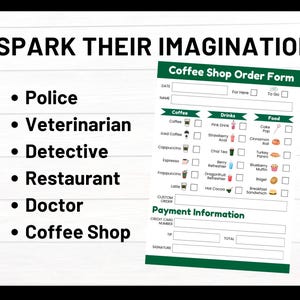 Puede incluir: Un formulario de pedido de caf&eacute; imprimible con un esquema de color verde y blanco. El formulario incluye secciones para caf&eacute;, bebidas, comida e informaci&oacute;n de pago. El formulario est&aacute; dise&ntilde;ado para ayudar a los ni&ntilde;os a interpretar roles y despertar su imaginaci&oacute;n.