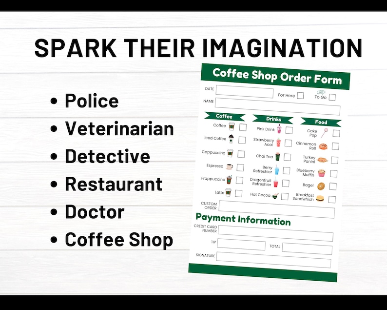 Puede incluir: Un formulario de pedido de caf&eacute; imprimible con un esquema de color verde y blanco. El formulario incluye secciones para caf&eacute;, bebidas, comida e informaci&oacute;n de pago. El formulario est&aacute; dise&ntilde;ado para ayudar a los ni&ntilde;os a interpretar roles y despertar su imaginaci&oacute;n.