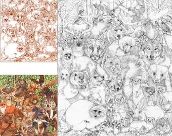 Woodland Mammals to color, digital download, printable hi-res coloring PDF image in both grayscale and brownscale, plus full color image.