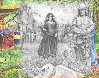 Lohengrin Grayscale Adult Coloring Page, Wendy Edelson, Romantic, Printable, Download, Watercolor, digital,traditional,Princess, Knight,Swan