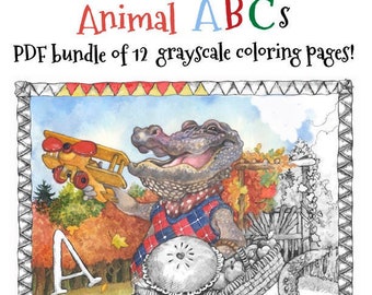 PRINTABLE Animal ABCs, 12 whimsical grayscale digital coloring pages by Wendy Edelson, adult coloring PDF