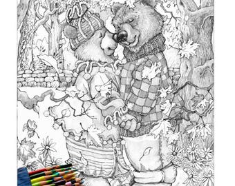 Bears In Love, Digital Hi-Res Grayscale Download, Page de coloriage imprimable, lunatique, adulte, automne, charmant, traditionnel, fait à la main