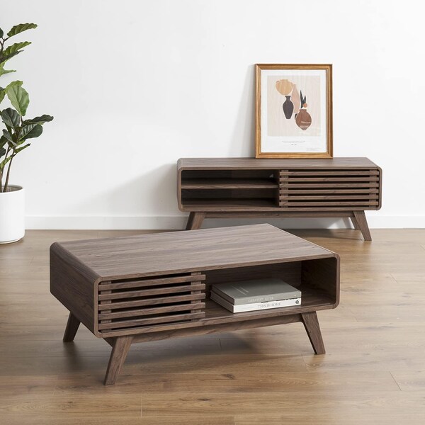 Mid-Century Modern Luxury Walnut Coffee Table - Set with Storage and TV Stand