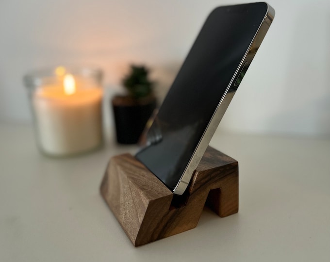 Wooden phone holder iphone holder, wood phone stand unique phone stand, handmade phone rest walnut wood desk phone holder, office desk decor