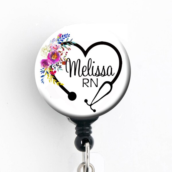 Retractable ID Badge Holder - Personalized Name - Floral Steth Heart - Badge Reel, Steth Tag, Lanyard, Carabiner / Nurse Badge / RT Badge