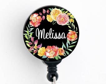 Retractable ID Badge Holder - Black Floral Wreath - Personalized Name Badge Reel, Steth Tag, Lanyard, Carabiner Nurse Badge / Teacher Badge