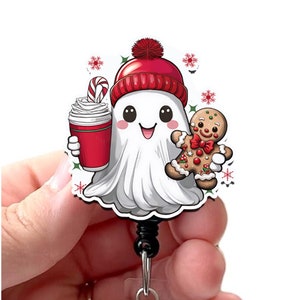 Winter Cute Ghost Gingerbread Coffee Acrylic Badge Reel, Merry Christmas Badge, Winter Badge, Swivel Clip, Slide Clip with 34&quot; Cord