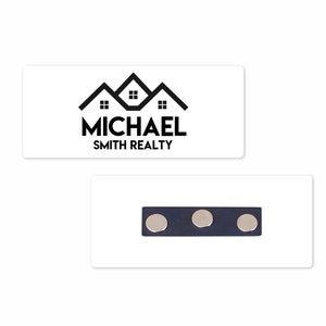 Personalized Magnetic Name Badge Real Estate 3 Building Roof Line Black Background Name Tag - 1.25&quot; x 3&quot; Magnetic / Realtor Name Badge