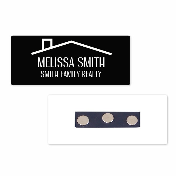 Personalized Magnetic Name Badge Real Estate Simple Roof Line Black Background Name Tag - 1.25" x 3" Magnetic / Realtor Name Badge