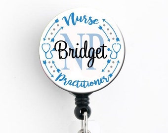 Retractable ID Badge Holder - Personalized Name - Nurse Practitioner NP Arrows - Badge Reel, Steth Tag, Lanyard, Carabiner RN Badge