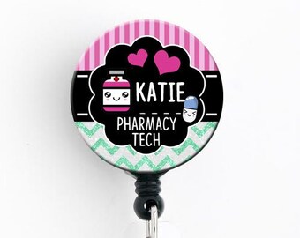 Retractable ID Badge Holder - Personalized Name - Pharmacy Tech Kawaii / Pharmacy / Pharmacist / Badge Reel