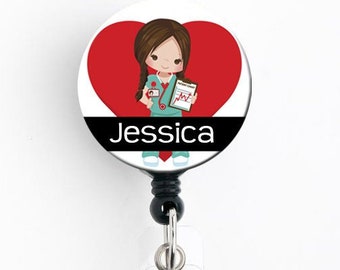 Retractable ID Badge Holder - Nurse in Scrubs - Choice of Hair Color - Personalized Name Reel, Steth Tag, Lanyard, Carabiner Nurse Badge RT