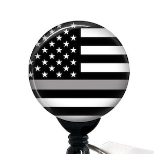 Correctional Officer Badge Reel, Thin Grey Line Flag, Retractable Badge Holder with Swivel Clip, Slide Clip, Carabiner, Lanyard