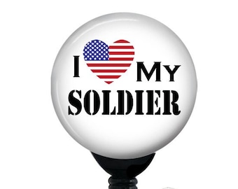 I Love My Soldier Badge Reel, Military Wife Gift, Retractable ID Holder