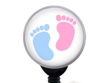 Retractable Badge Reel -Baby Feet Pink and Blue, L&D Pediatric NICU - Badge Holder with Swivel Clip, Labor Delivery, Baby Nurse, Baby Feet
