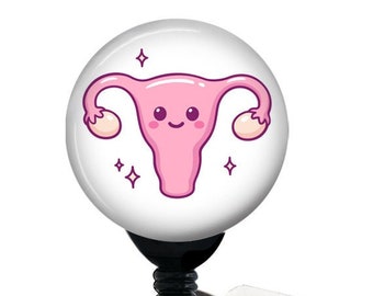 Retractable Badge Reel, Kawaii Ovary Ovaries, OBGYN, OB, Labor Delivery, Gynecologist - Badge Holder with Swivel Clip, Slide Clip, Carabiner