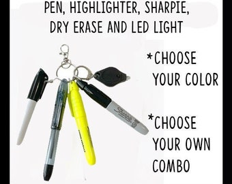 Badge Reel Accessory / Mini Pen, Permanent Marker, Highlighter, Dry Erase LED Light - Your choice - Attach to Your Badge Holder, Belt Loop