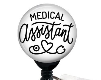 Medical Assistant Badge Reel, Retractable Badge Holder with Swivel Clip, Slide Clip, Carabiner, Lanyard, MA Badge