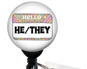 Badge Holder, HE/THEY Preferred Pronoun Hello My Pronouns Are, Swivel Alligator Clip, Slide Clip, Carabiner