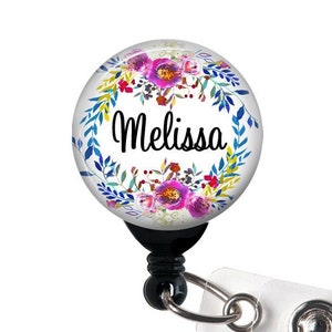 Personalized Name Badge, Watercolor Floral Wreath, Retractable Badge Reel with Swivel Clip, Slide Clip, Steth Tag, Carabiner, 1.5&quot; Button